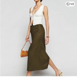 NWT Reformation Gia Linen Skirt in Deep Olive